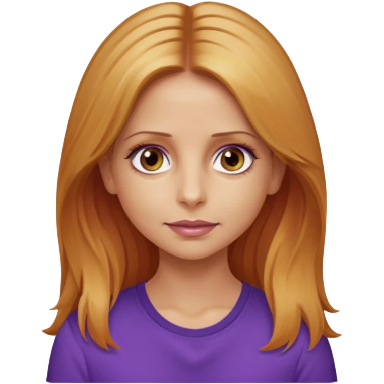 Sarah Michelle Gellar with hazel eyes, strawberry blonde long hair, purple shirt emoji