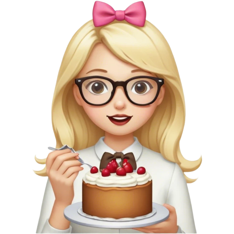 Blonde girl with glasses and a bow is eating a cake emoji