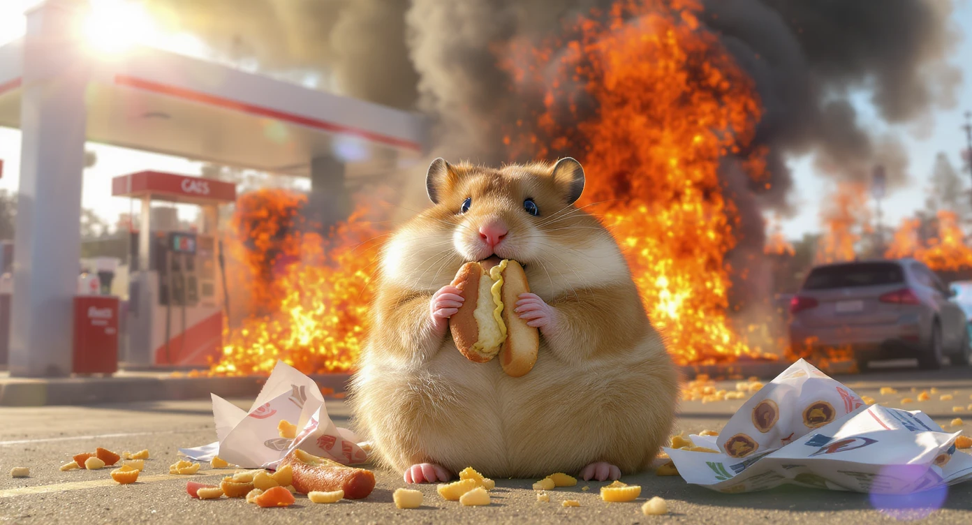 A portrait of a fat hamster eating hotdog on gas station, gas station is in fire, other hamster fun away, sunny day, back light explosion  emoji