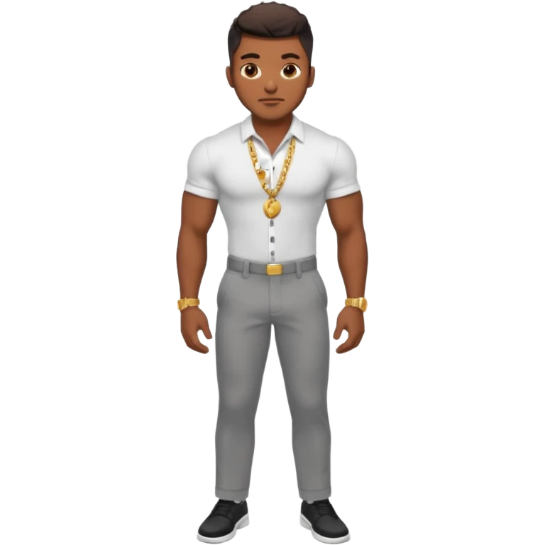 Handsome Black guy with brown skin tone, with lean muscular build, wearing gray slacks, a white button up top, black shoes, and a small gold chain emoji