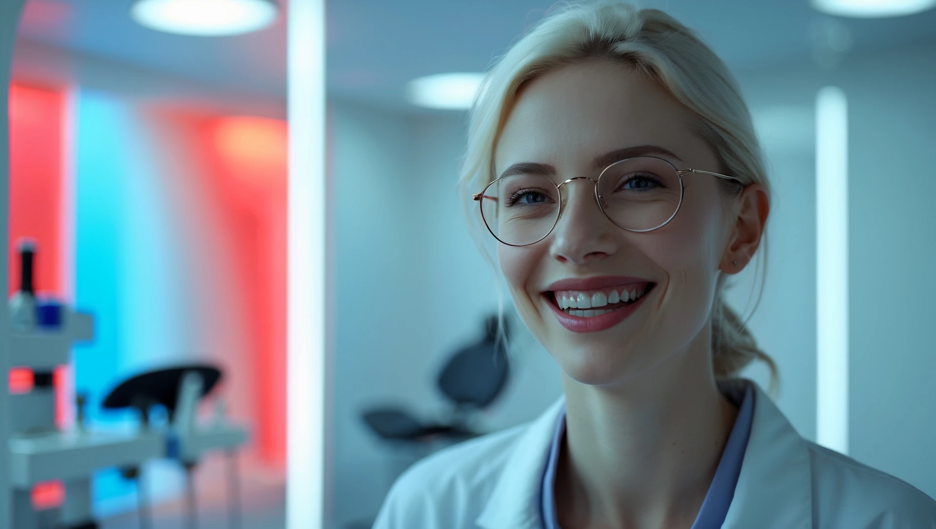 Cinematic still, Proffesional advertising of a smiling european white woman with glasses smiling, minimalistic ophthalmologist interior in background, leading  lines, "rule of thirds", 60/30/10 colors, soft light, blue and red emoji