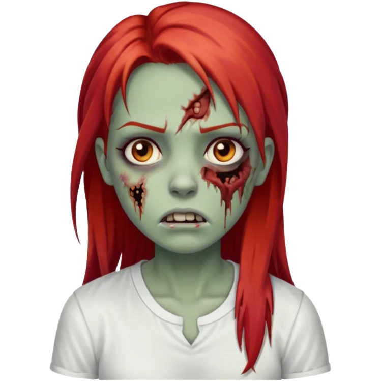 I want to draw a zombie woman, with a scar on her mouth and some bruises on her face, long, straight red hair, and black eyes. She'll be wearing a white shirt. emoji