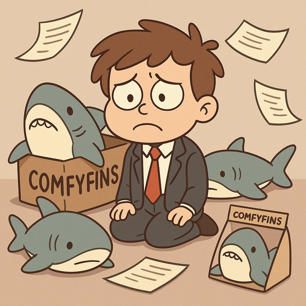 business kid, surrounded by ComfyFins products, looking sad as papers fly around, cartoon style emoji