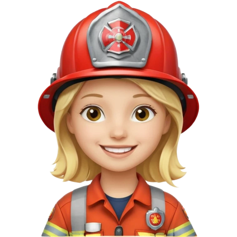Young blonde girl, firefighter helmet, smiling brightly emoji
