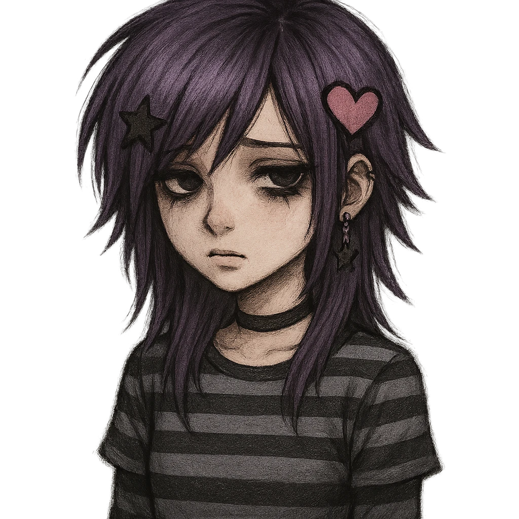 purple-haired emo girl, striped shirt, layered haircut, heart and star accessories, melancholic vibe emoji