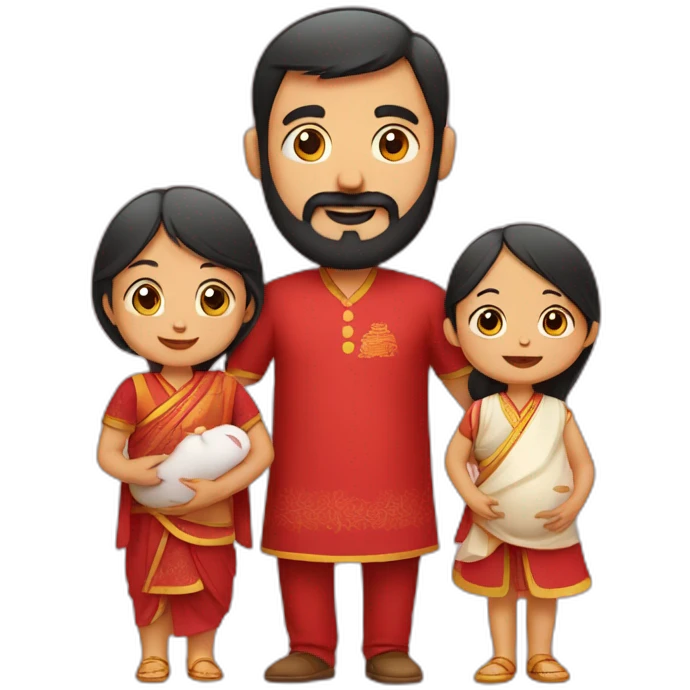 Indian dad with beard and Chinese wife in red and 1 small baby emoji