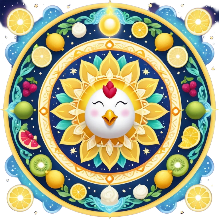 Celestial fitness mandala with magical water and lemon at center, surrounded by orbiting enchanted elements: radiant sun, glowing chicken and rice, sparkling gym weights, ethereal yogurt, twinkling fruits, and mystical sleep moon, all connected by cosmic energy flows and starry aura emoji