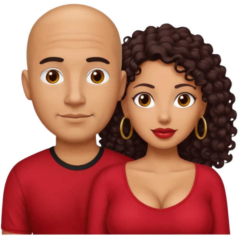A picture of a sexy tanned couple. the guy is Mexican, with a bald hair cut and a red shirt. the girl is mixed, she has curly longer dark brown hair, and with big boobs and wearing black shirt  emoji