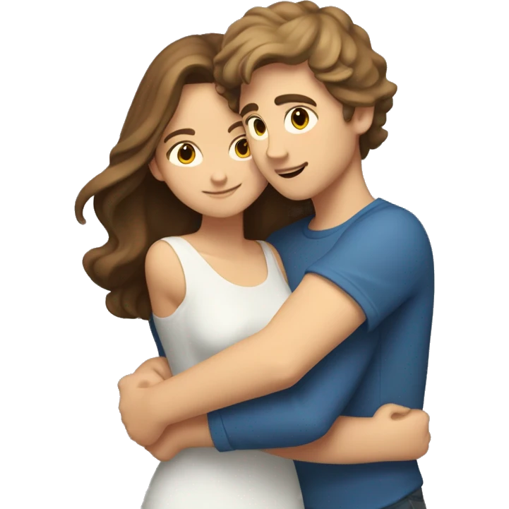 A caucasian brown haired boy hugging his caucasian brown haired girlfriend emoji