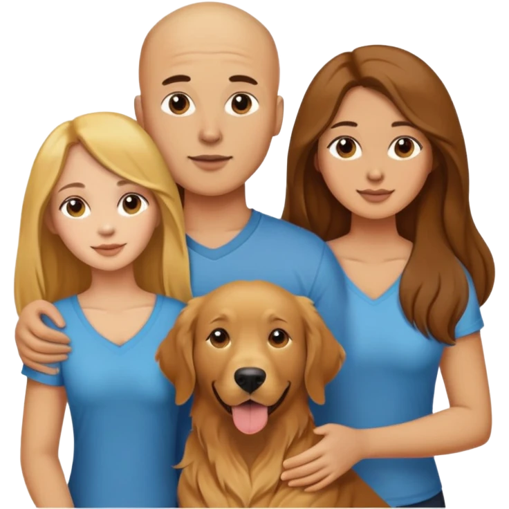 Young Bald man and long brown hair woman with golden retriever  emoji