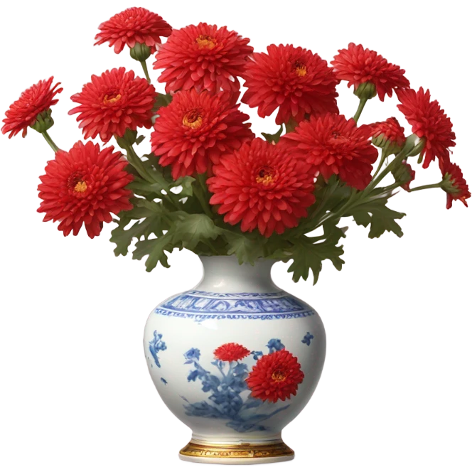 A Victorian oil painting of red chrysanthemums in a delicate porcelain vase on a lace-covered table. emoji