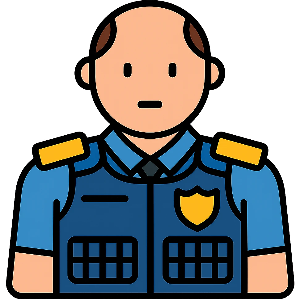 Enhance the vigilante's uniform with visible protections, a bulletproof vest, and security details. The character should have little hair. Transparent background. emoji
