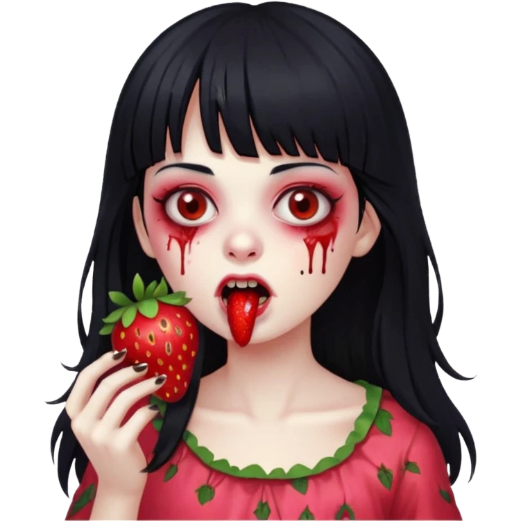 Girly girl, zombie, black hair, bang, cabelo longo e um comendo um morango emoji