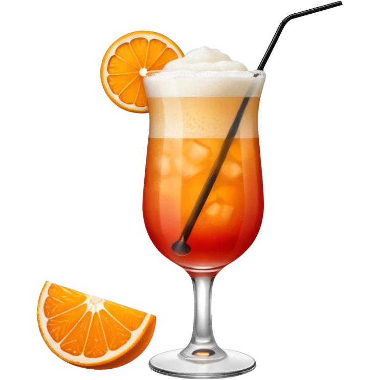 A tall glass filled with a frothy orange-red Garibaldi cocktail, topped with an orange wedge. emoji