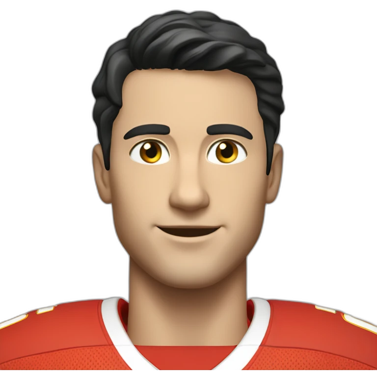 A young smiling white man with a long face in red Ferrari jersey with very short black hair and light green eyes and dig cheeks emoji