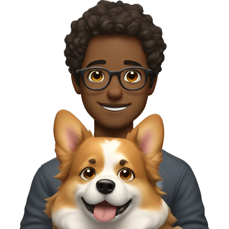 A young man with wavy hair and thin eyeglasses hugs a corgi emoji