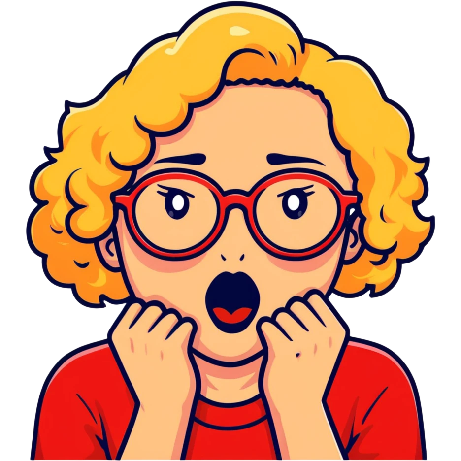 Blonde woman with short curly hair, slightly overweight, wearing red-framed glasses, shouting with hands on both sides of her mouth emoji
