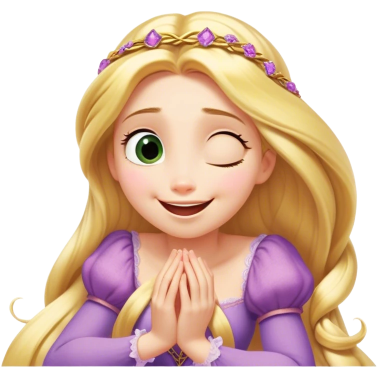 Cinematic Playful Rapunzel Portrait Emoji, Giggling as Pascal sits atop her head, hands cupped over her mouth in a moment of pure joy, her radiance shining through, utterly enchanting! emoji
