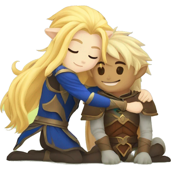 A lion paladin and a blonde elf mage hugging emoji