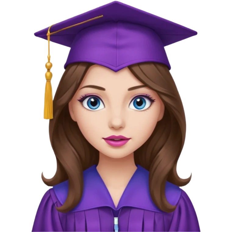 girl with long wavy brown hair, blue eyes, long lashes makeup, sexy pink lips, wearing a purple graduation cap and gown emoji