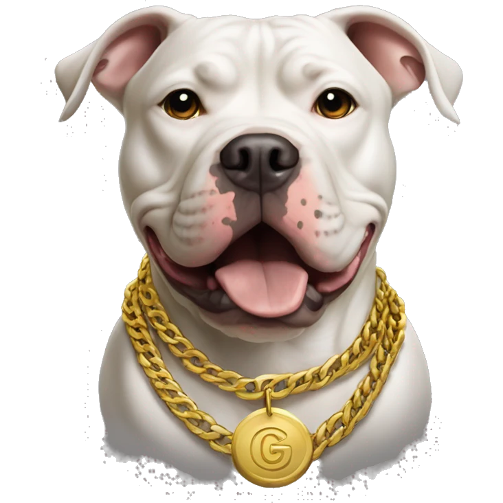 A dog pitbull with a aggressive face and wearing big gold chain on that says G emoji