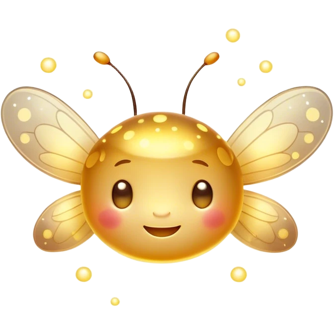 Cinematic tiny glowing firefly, round and chubby, soft golden light, tiny happy face, gentle floating motion, surrounded by dreamy sparkling dots. emoji