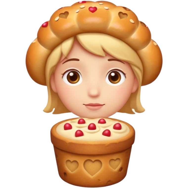 Apple-style emoji illustration of a cuteperson  with dreamy eyes thinking of a traditional panettone, small hearts floating around, soft 3D emoji style, smooth gradients, rounded shapes, warm festive colors, simple expression, centered composition, transparent background, no text. emoji