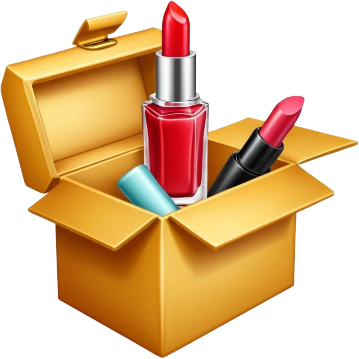 an opened box with a few beauty items such as lipstick and perfume emoji