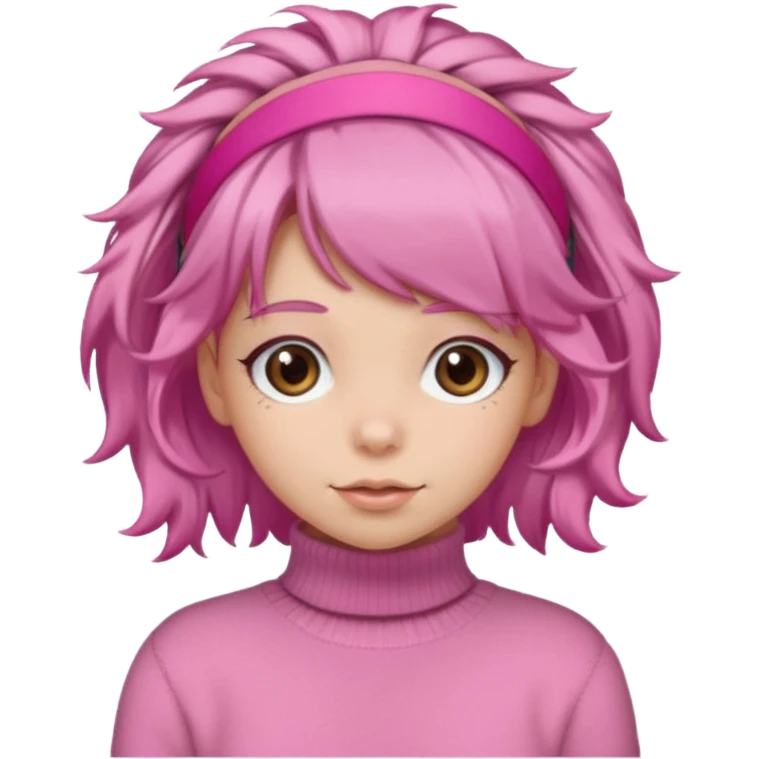 brown fluffy haired girl with pink turtleneck sweater and pink hair band emoji
