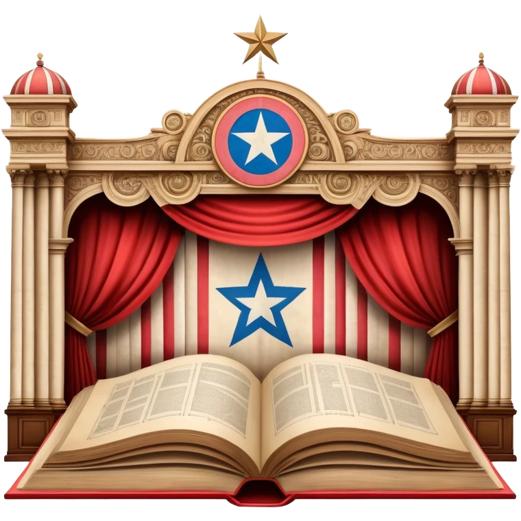 Vintage open book centered on elaborate theater scenography sketches, technical drawings of stage elements, set models on parchment pages, Puerto Rican flag elements throughout the designs emoji