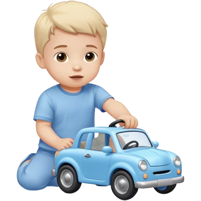 cute toddler boy with pastel blue clothes playing with a blue toy car emoji