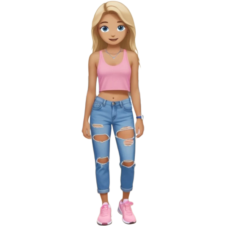 preppy teenage girl, blue eyes, tan, less blonde highlights, brown long hair, long eyelashes, beach aesthetic, wearing cute clothes, wearing ripped blue longer baggy jeans with a light pink sexy revealing low neck crop top, wearing Nike shoes, very sexy, very long eyelashes, very pretty emoji