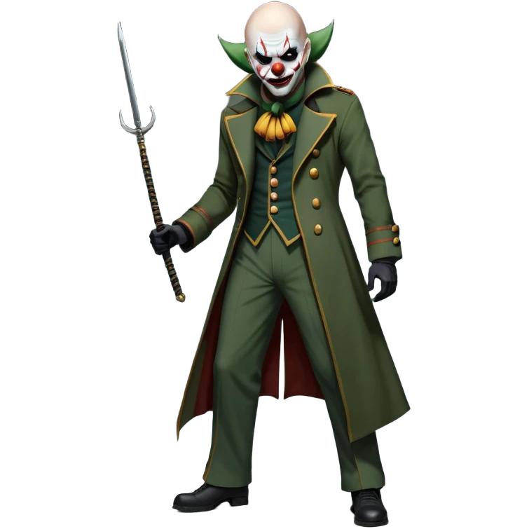 evil clown, bald, small black horns on forehead, fangs, pointed ears, eye patch over one eye, long coat over black and military green leisure suit with bellbottom pants, tail, holding a whip, no knife, realistically proportioned, less bulky, full body, battle-ready, fighting posture emoji