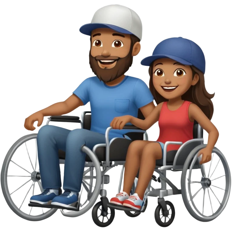 Tan skinned man with a beard and fitted cap in a wheelchair and a brown skinned woman with long dark hair in a wheelchair laughing  emoji
