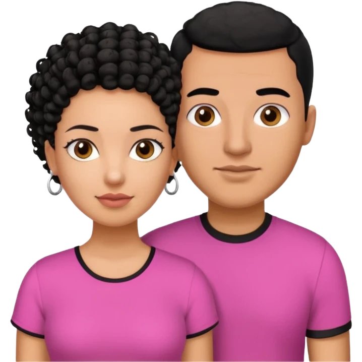 A picture if a couple, the man is a Mexican man with  black hair, a buzz cut and black shirt on.the woman is mixed with black and white, with curly hair and a pink shirt on emoji