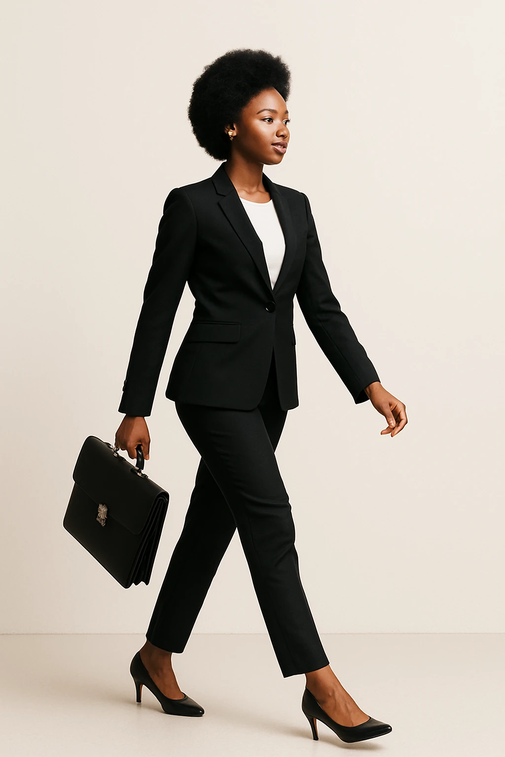 black woman in a smart suit and shoes, walking, briefcase in hand, minimal background emoji