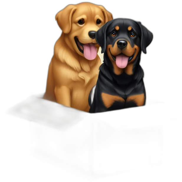 A Rottweiller playing with a golden retriever in box emoji