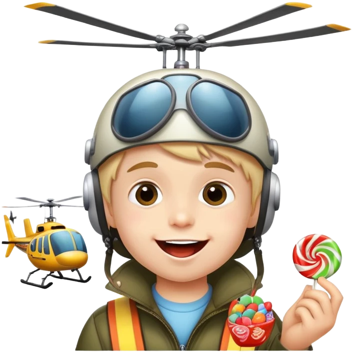 happy kid with helicopter hat eating candy emoji