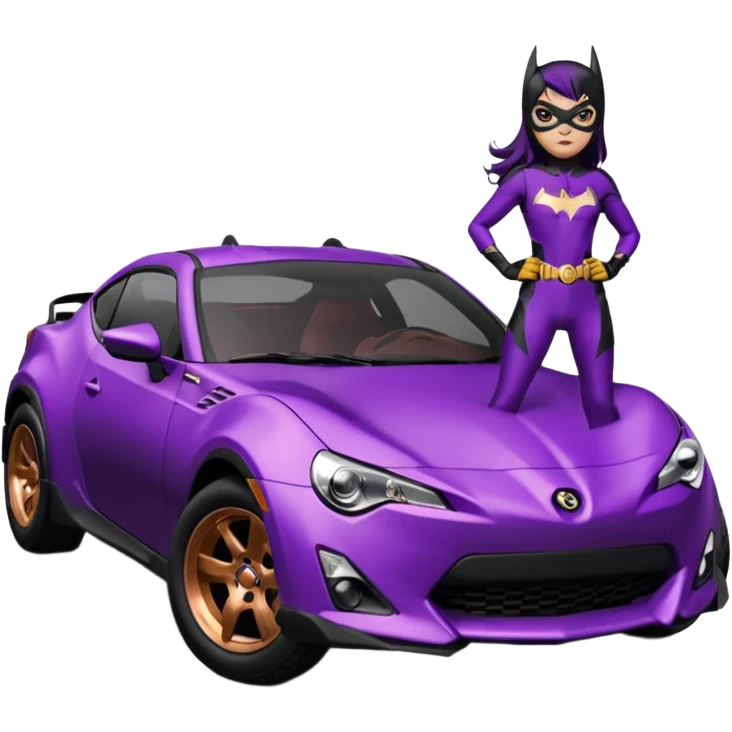 Relaxed adult 60’s Batgirl themed Satin black and rose gold colored Scion FR-S pursuit vehicle hot rod off road capable (tight fitting purple suit with black hair on her) emoji