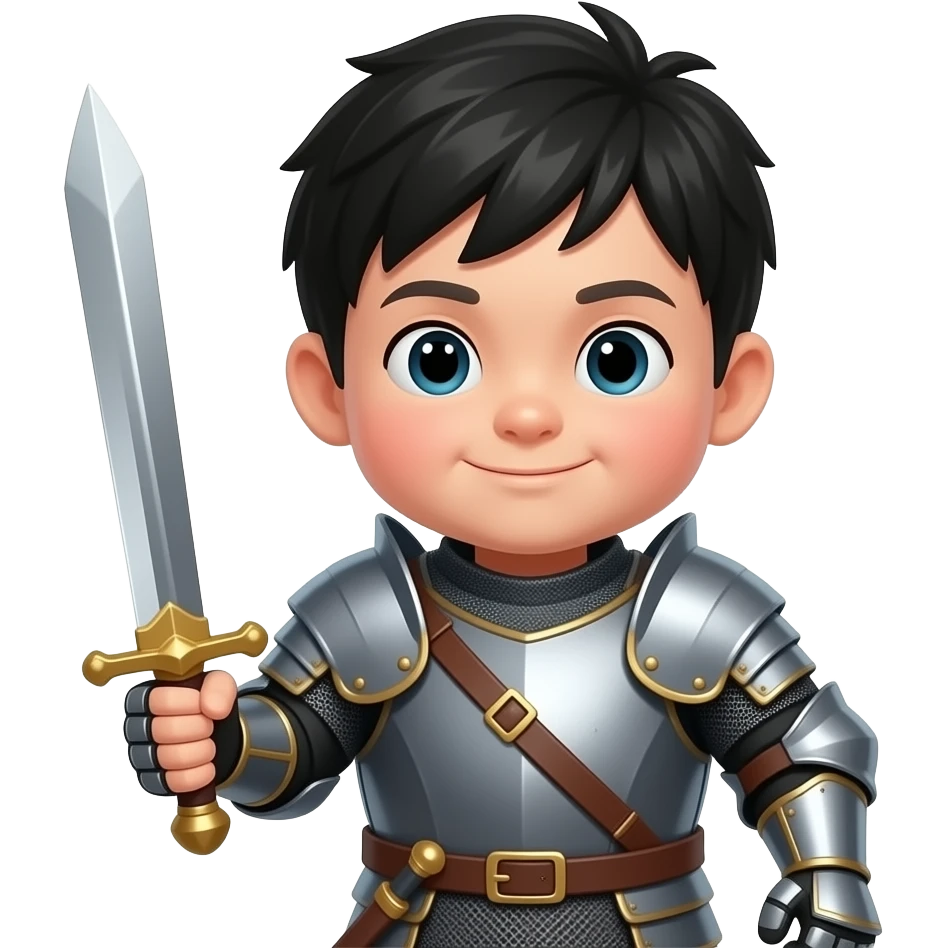 small white kid with black hair that is fat holding a sword in armor emoji