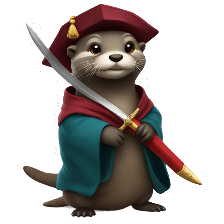 Otter wearing PhD robes and hat and a sword emoji