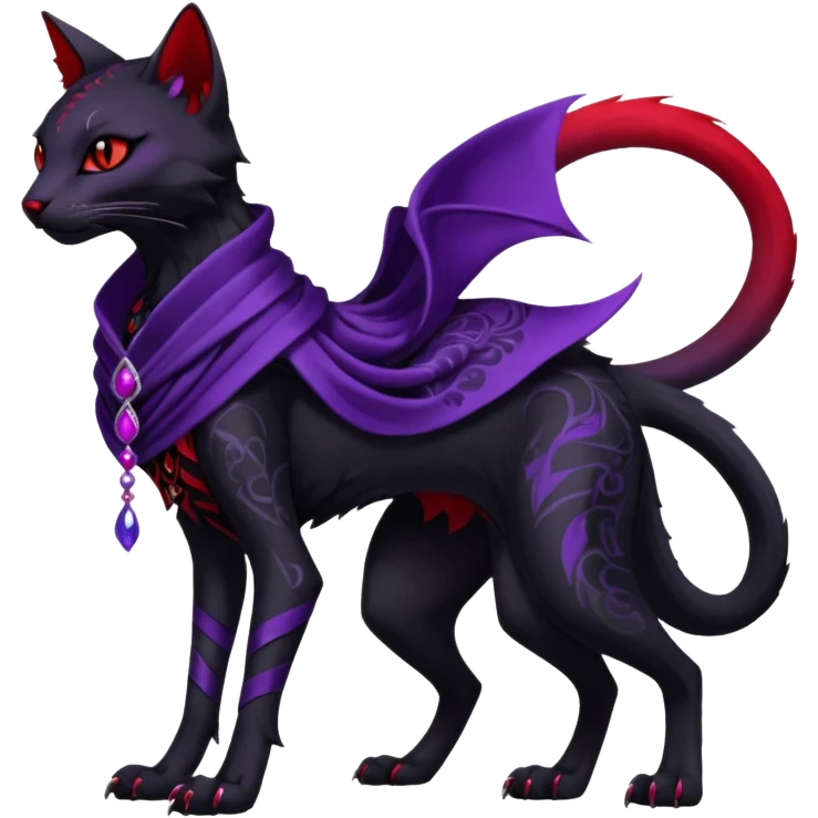 Kawaii feral, four-legged gothic dark badass black, red, purple, beautiful pretty elegant divine edgy feline-vernid-sergal-fursona-animal-creature, full body, with intricate detailed markings, silken shawl emoji