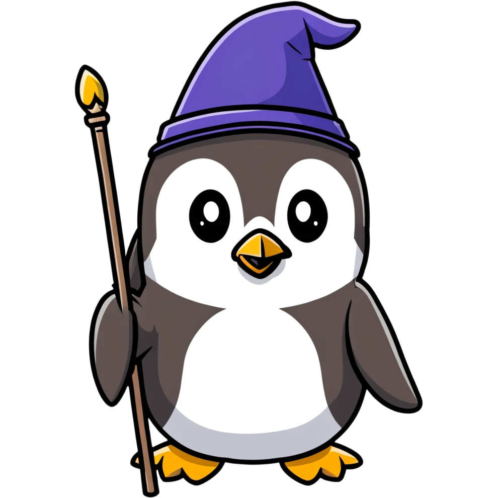 a penguin wizard with a staff and hat emoji