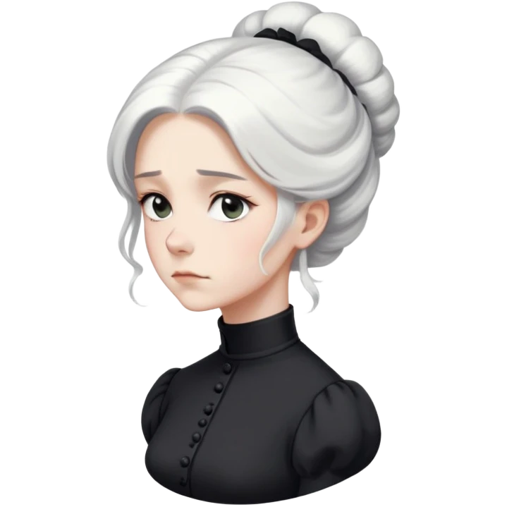 A Victorian woman with simple yet elegant coiffed white hair and light eyes wearing a modest unadorned monochrome black turtleneck mourning dress with puff sleeves looking down with a forlorn expression emoji