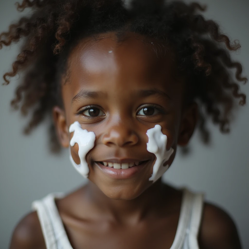 realistic portrait of a dark-skinned girl with milk on her face emoji