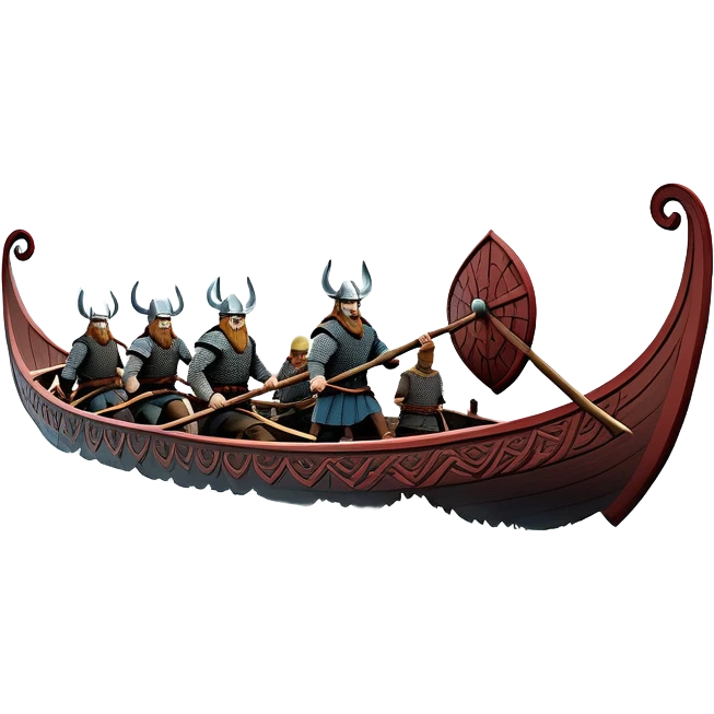 clash-of-clans-aesthetic_-cinematic-viking-longboat, rendered in a flat, bold vector style with minimal shading, featuring a striking dragon-headed prow slicing through icy, churning waters. shields on the side and vikings rowing The longboat’s intricately detailed shields and carved motifs evoke a sense of epic adventure and Nordic might, with billowing sails catching a dramatic, stormy sky backdrop. emoji