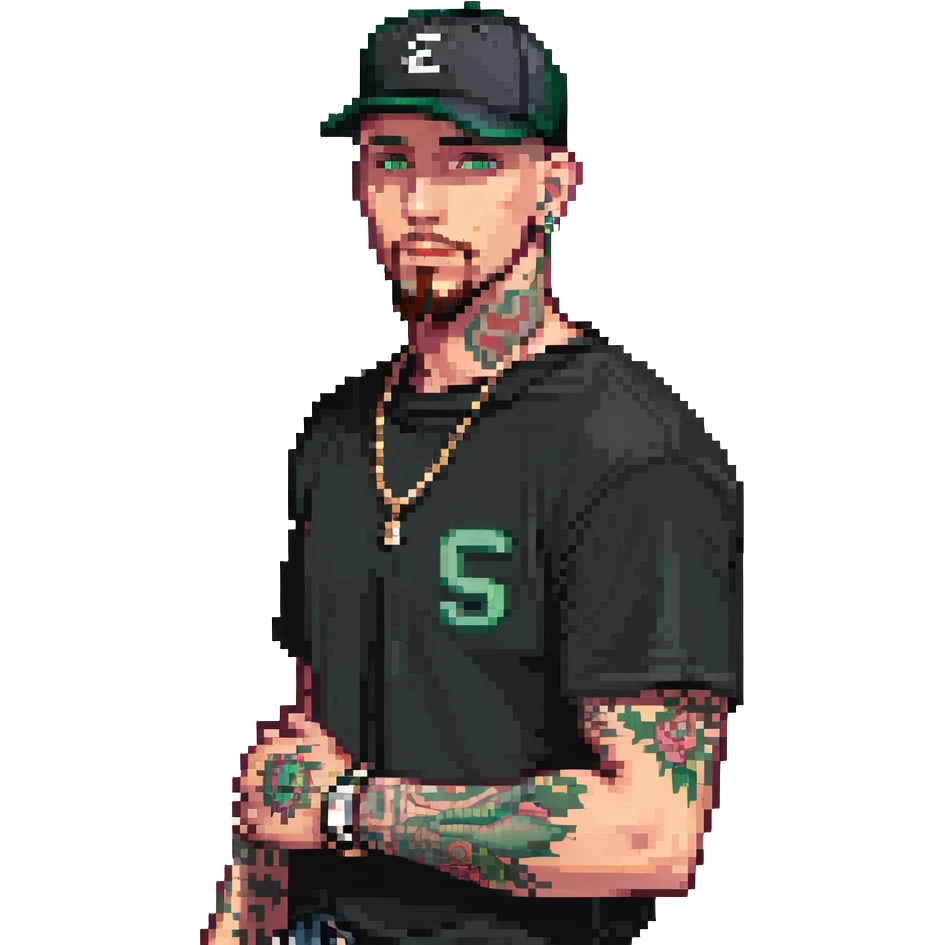 a man with a shaved head, goatee, pierced ear, and green eyes, wearing a black baseball cap, black shirt, jeans, and tattoos on one arm, in a pixel art style emoji