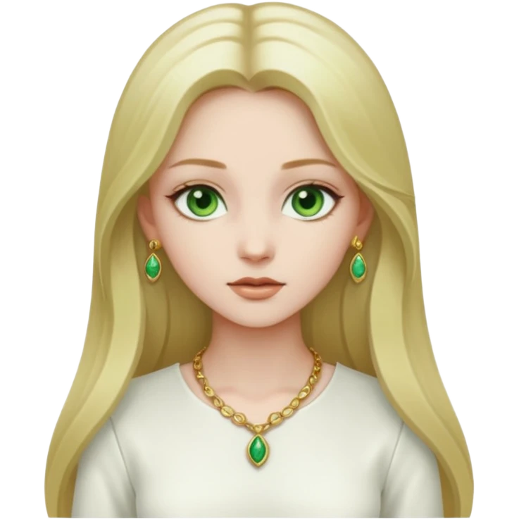 girl with very pale skin, green eyes, long dark blonde hair, white outfit, gold jewelry emoji