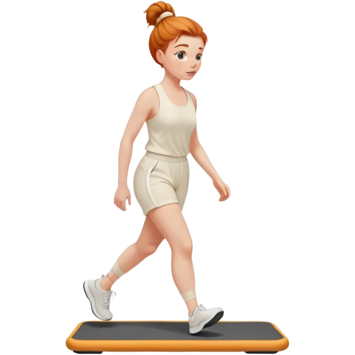 Gorgeous Ginger girl messy bun walking on walking pad cream gym outfit emoji