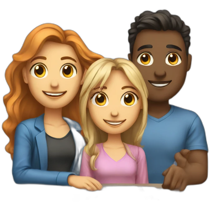 team of 3 friends (2 guys and 1 girl) working on a data science project emoji